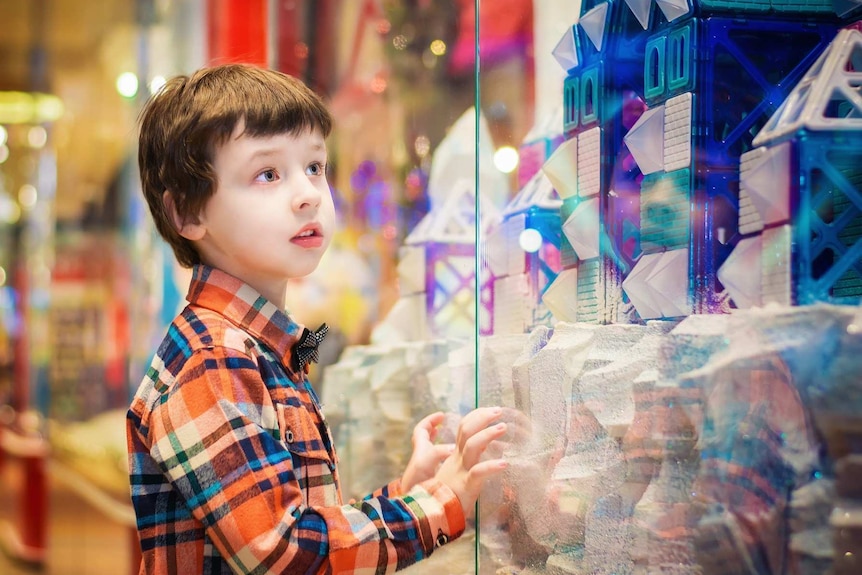 A boy peers into a toy display.