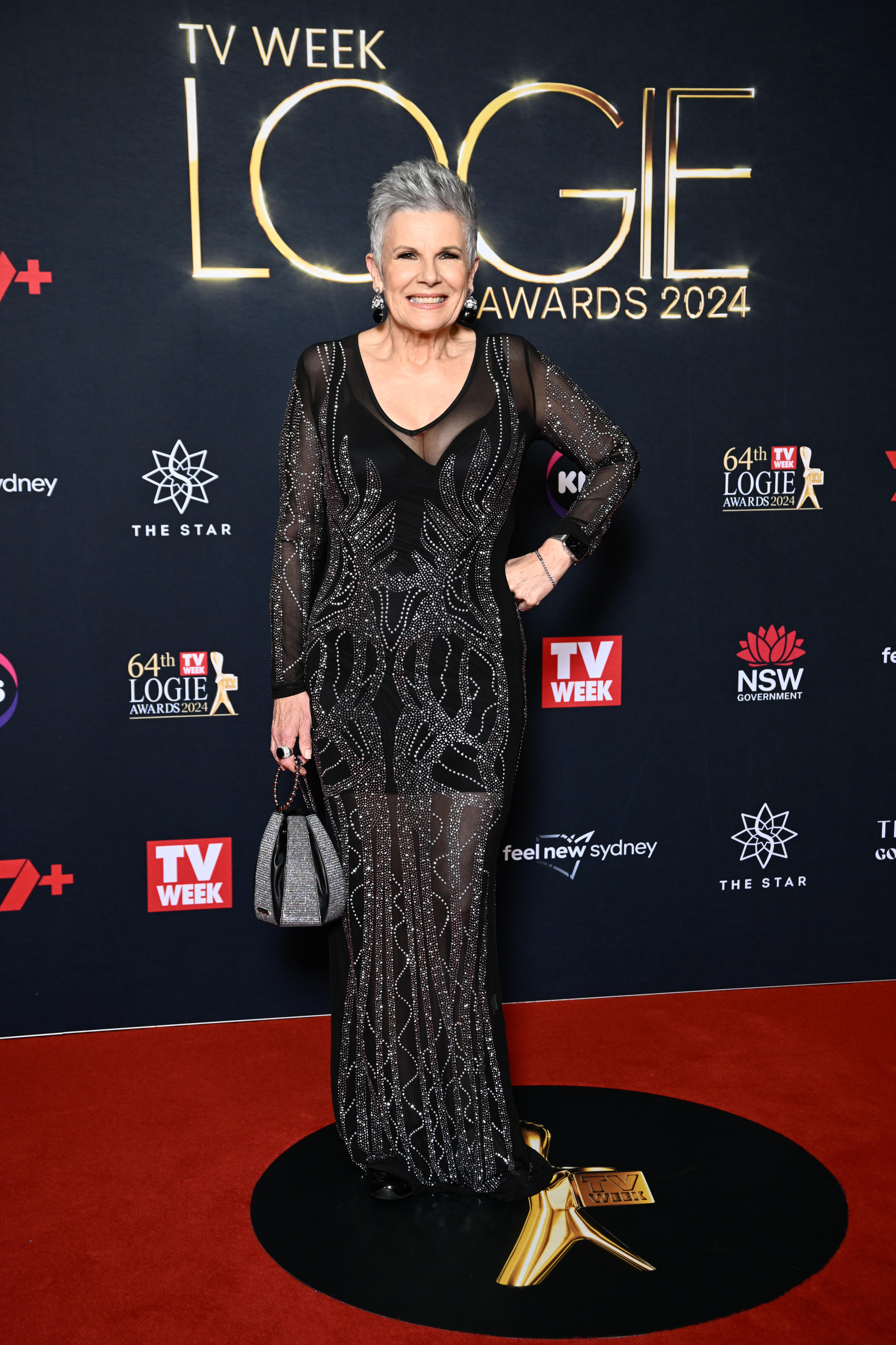 Elelman wears a sheer black long-sleeved dress with silver beading