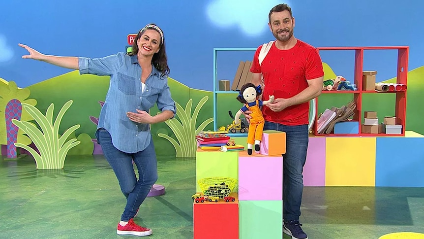 Emma and Teo (holding Jemima) on the Play School set for the special 'Hello Again!'