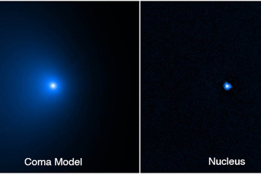 Three images showing how the nucleus of Comet C/2014 UN271 was isolated from dust and gas surrounding its nucleus.
