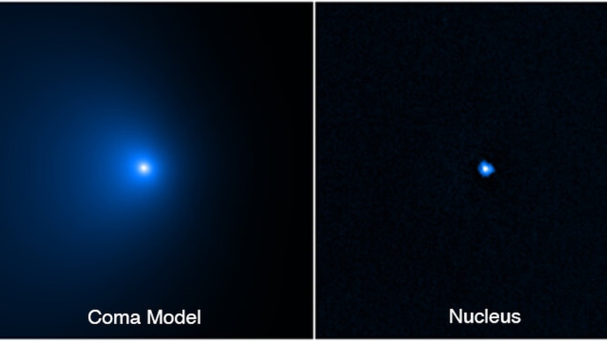 Three images showing how the nucleus of Comet C/2014 UN271 was isolated from dust and gas surrounding its nucleus.