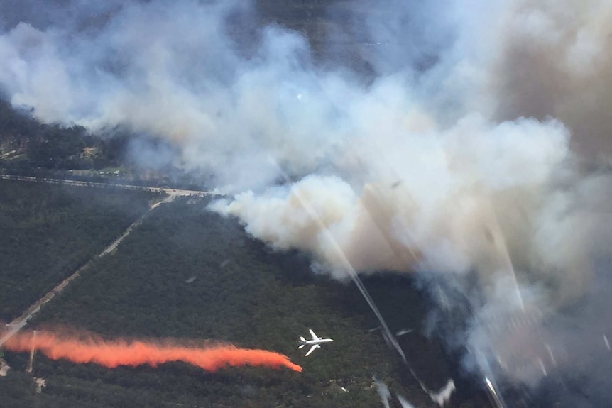 A plane drops orange fire retardant on a bushfire.