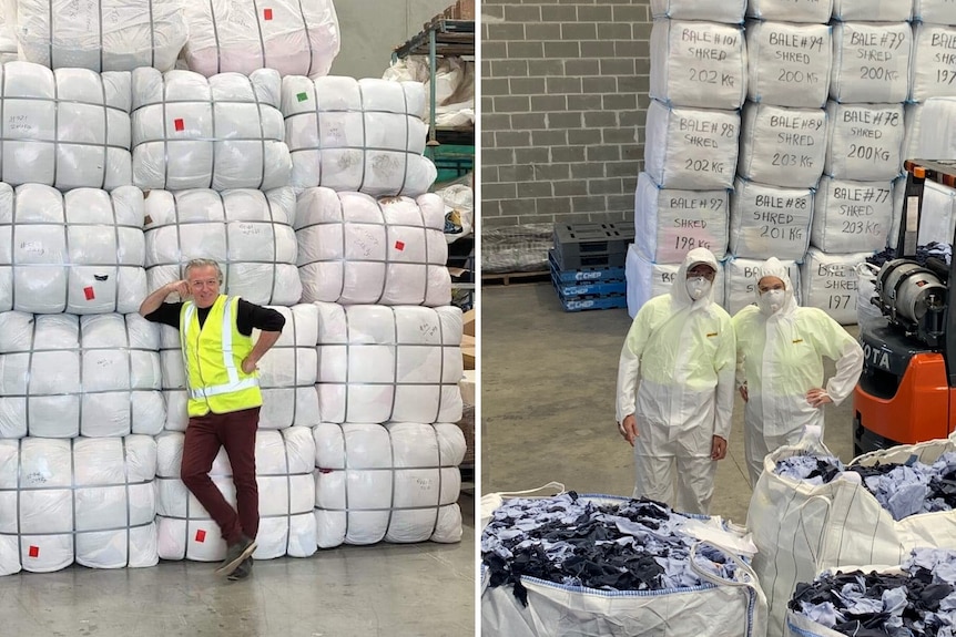 Two photos showing staff wearing high vis vests, posing in front of massive bags of textiles stacked up in a warehouse.
