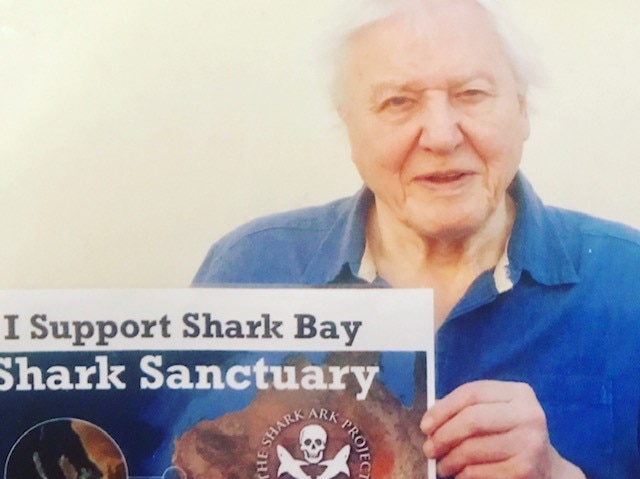 Sir David Attenborough holding a 'I support Shark Bay Shark Sanctuary' poster.