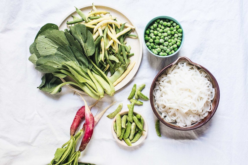 Radishes, sugar snap peas, buk choy, beans and peas alongside a bowl of rice noodles for pad thai salad recipe.