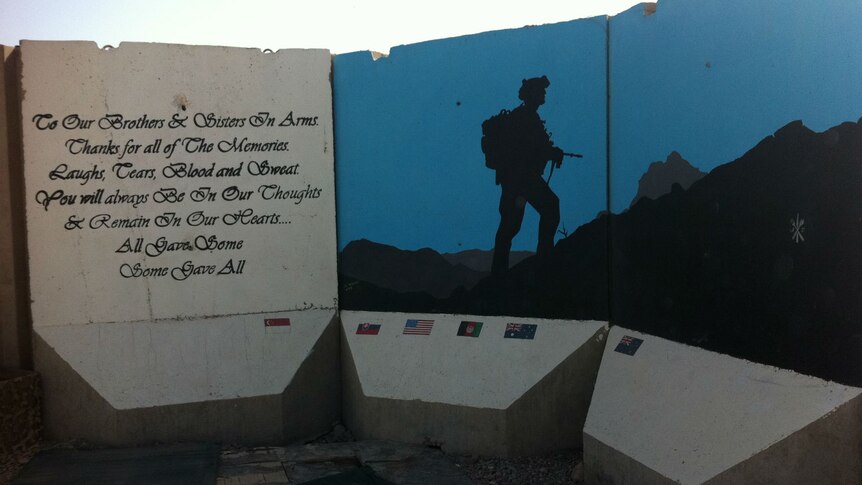 A memorial pays tribute to fallen troops at the multinational military base in Tarin Kot, Afghanistan.