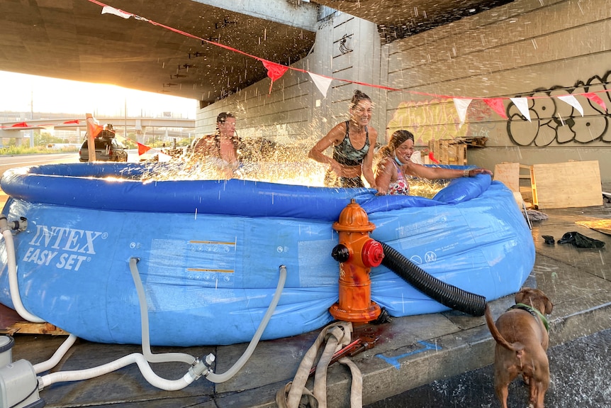 Adults and children spash about in a blow up pool near a fire hydrant under a freeway.