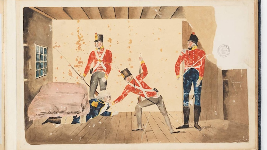 An illustration of Governor William Bligh being dragged from under a bed by two soldiers who are arresting him.