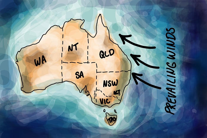 Map of Australia showing the prevailing winds from the south east going up the Qld coast.