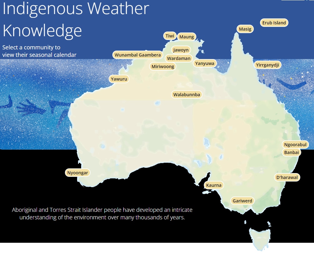 A map of Australia with labels indicating where Indigenous seasonal calendars are observed