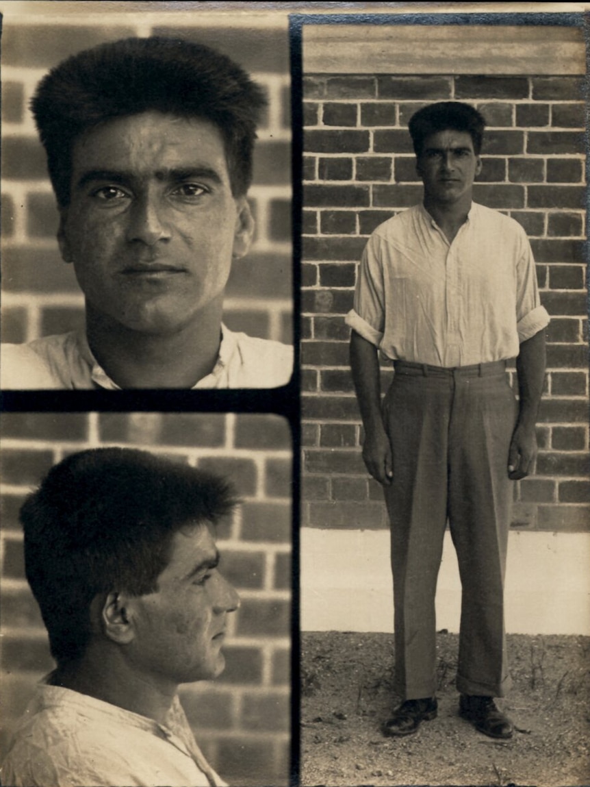 A mugshot of Giovanni Iacona in sepia, there are three images, one tight on his face, one side on, one portrait shot