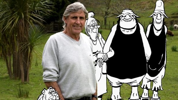 Cartoonist Murray Ball stands with his characters.