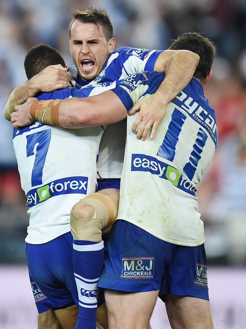 Josh Reynolds celebrates golden point field goal against Dragons