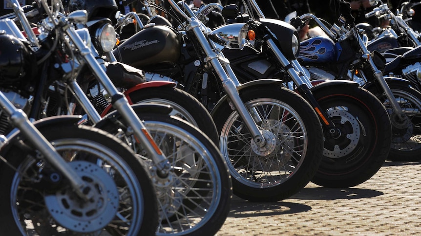 Motorcycle tyres all in a row.