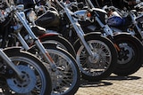 Motorcycle tyres all in a row.