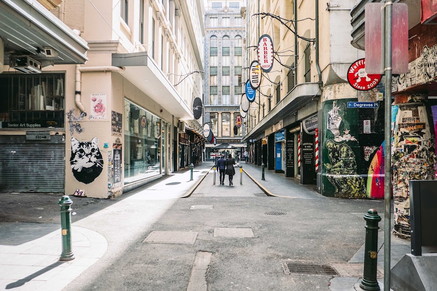 A photo of a Melbourne laneway with two people walking down the path.