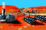 An illustration of a remote microgrid, red dirt, blue skies, a diesel power station, solar panels and houses connected.