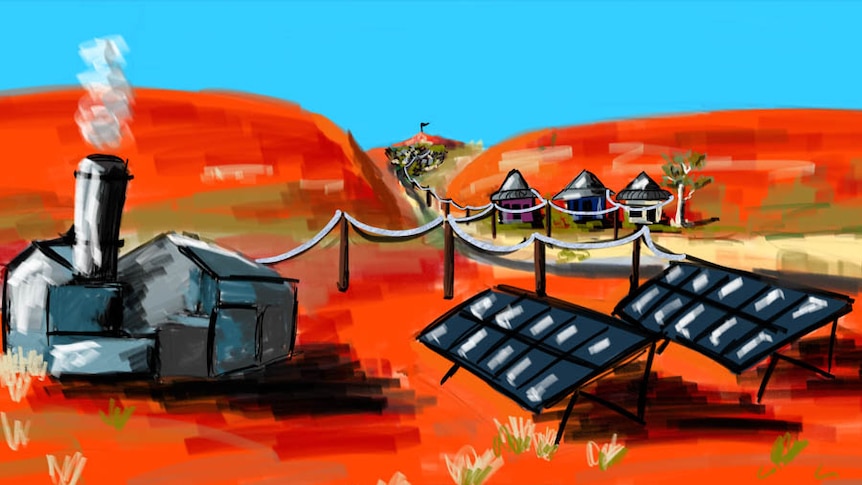 An illustration of a remote microgrid, red dirt, blue skies, a diesel power station, solar panels and houses connected.