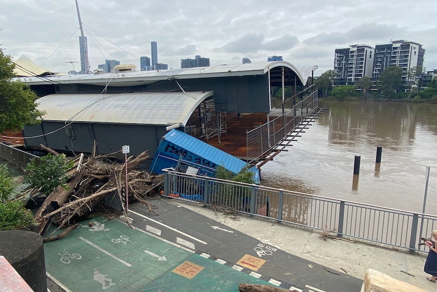 An image of the back of the damaged restaurant on Brisbane river at milton