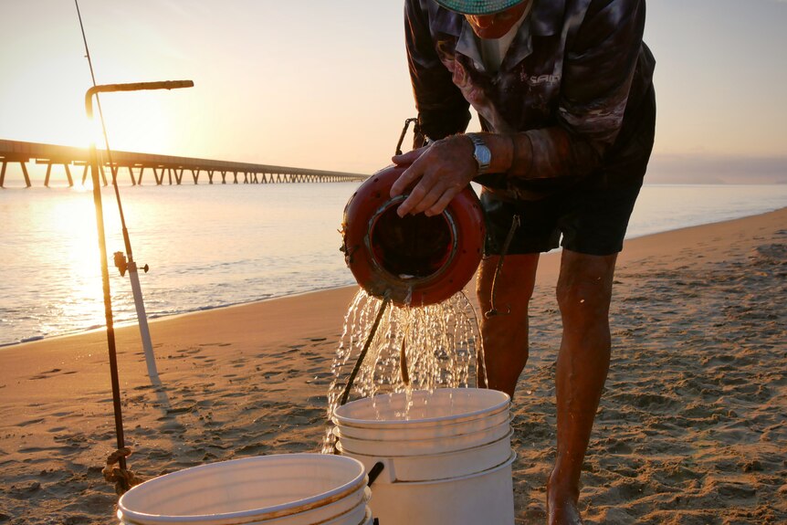 A man pours water from a fish trap into a bucket on a beach at sunrise.