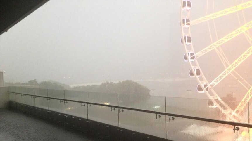 Hail and rain outside ABC South Bank