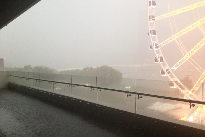 Hail and rain outside ABC South Bank