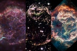 A composite image of three images of Cassiopeia A taken from 1999, 2006 and 2023, increasing in detail as they progress. 