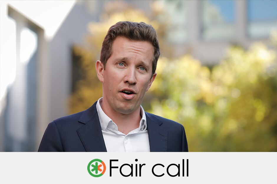 Max Chandler-Mather wears a suit jacket with an open shirt and no tie. Verdict: FAIR CALL with a green and orange asterisk