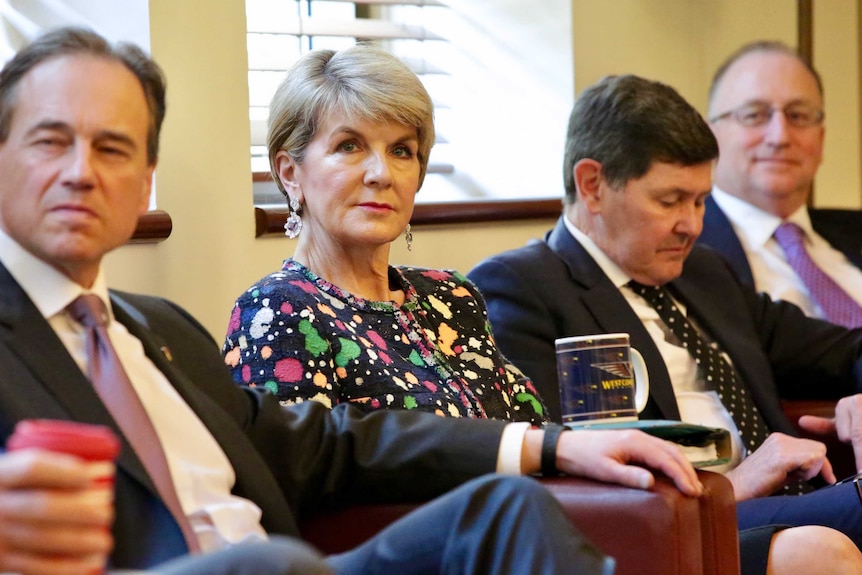 Julie Bishop looking annoyed as she sits in a coalition party room meeting