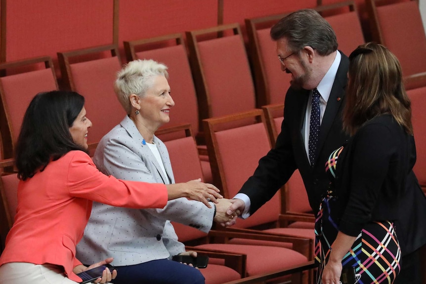 Derryn Hinch reaches out to shake hands with Kerryn Phelps, who is sitting in a red Senate chair next to Julia Banks.