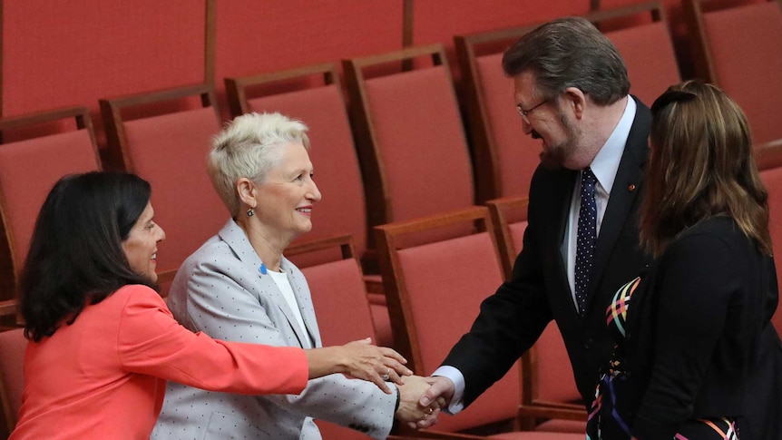 Derryn Hinch reaches out to shake hands with Kerryn Phelps, who is sitting in a red Senate chair next to Julia Banks.