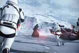 Storm troopers run in the game Star Wars Battlefront II.