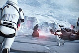 Storm troopers run in the game Star Wars Battlefront II.