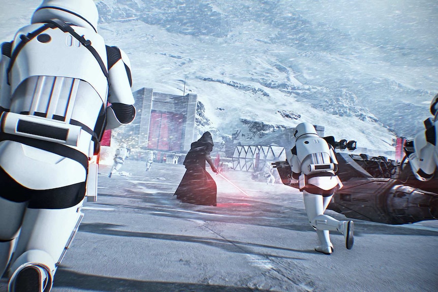 Stormtroopers run in the game Star Wars Battlefront II