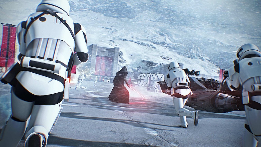 Storm troopers run in the game Star Wars Battlefront II.