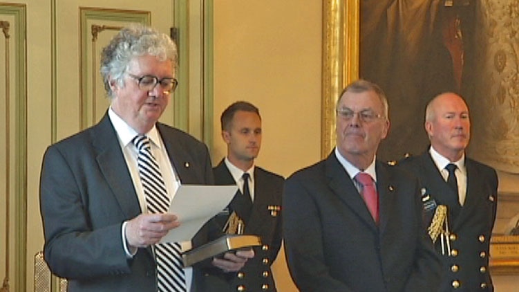 Tasmania's new chief justice Alan Blow is sworn in watched by Governor Peter Underwood.