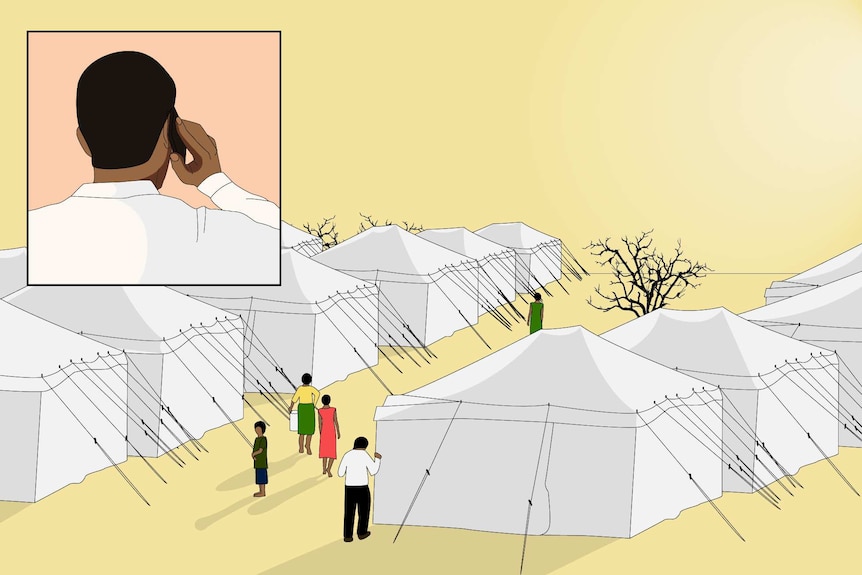 Faheem is on the left of the screen in a pink square box with a refugee camp to the right with a yellow background.