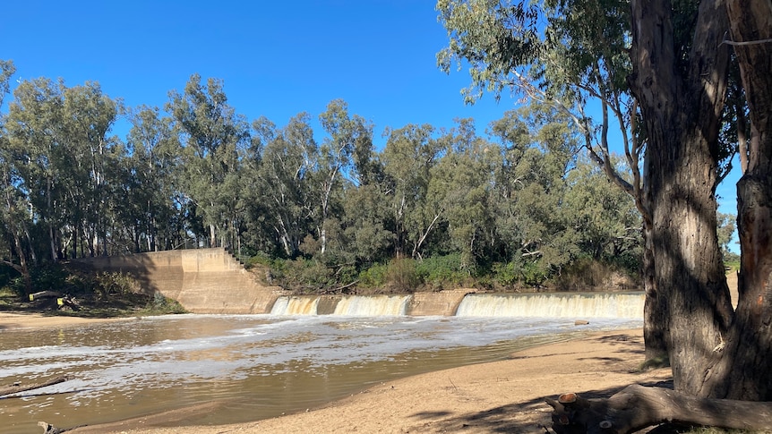 Water flowing over a weir leading into a pool of water  in a rural setting