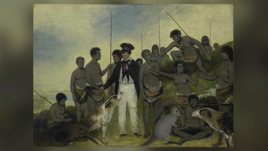 Painting of European man meeting with Aboriginal people