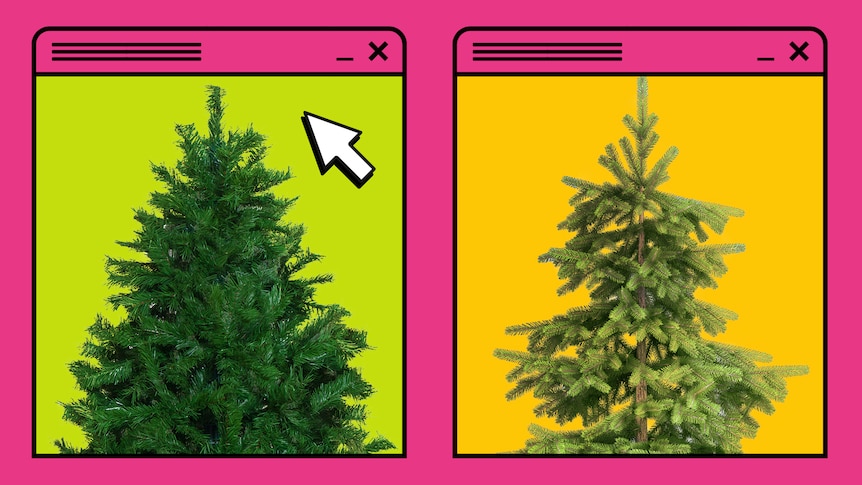 Side by side pictures of a plastic Christmas tree and a real Christmas tree.