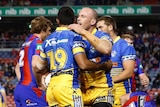 The Eels celebrate a Beau Scott try