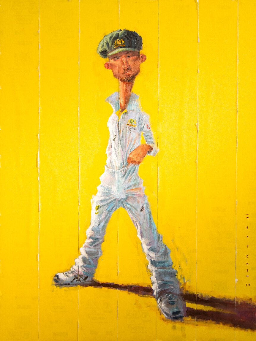 A painting with a yellow background, showing a long-necked caricature of a cricketer with a long neck and ball down his pants.