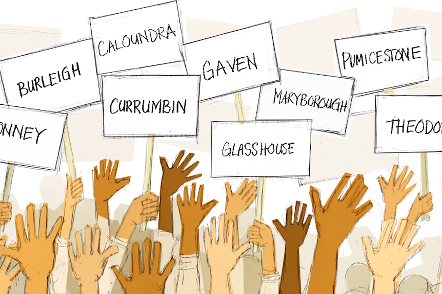 A drawing with hands reaching up to placards with the names of state electorates on them.