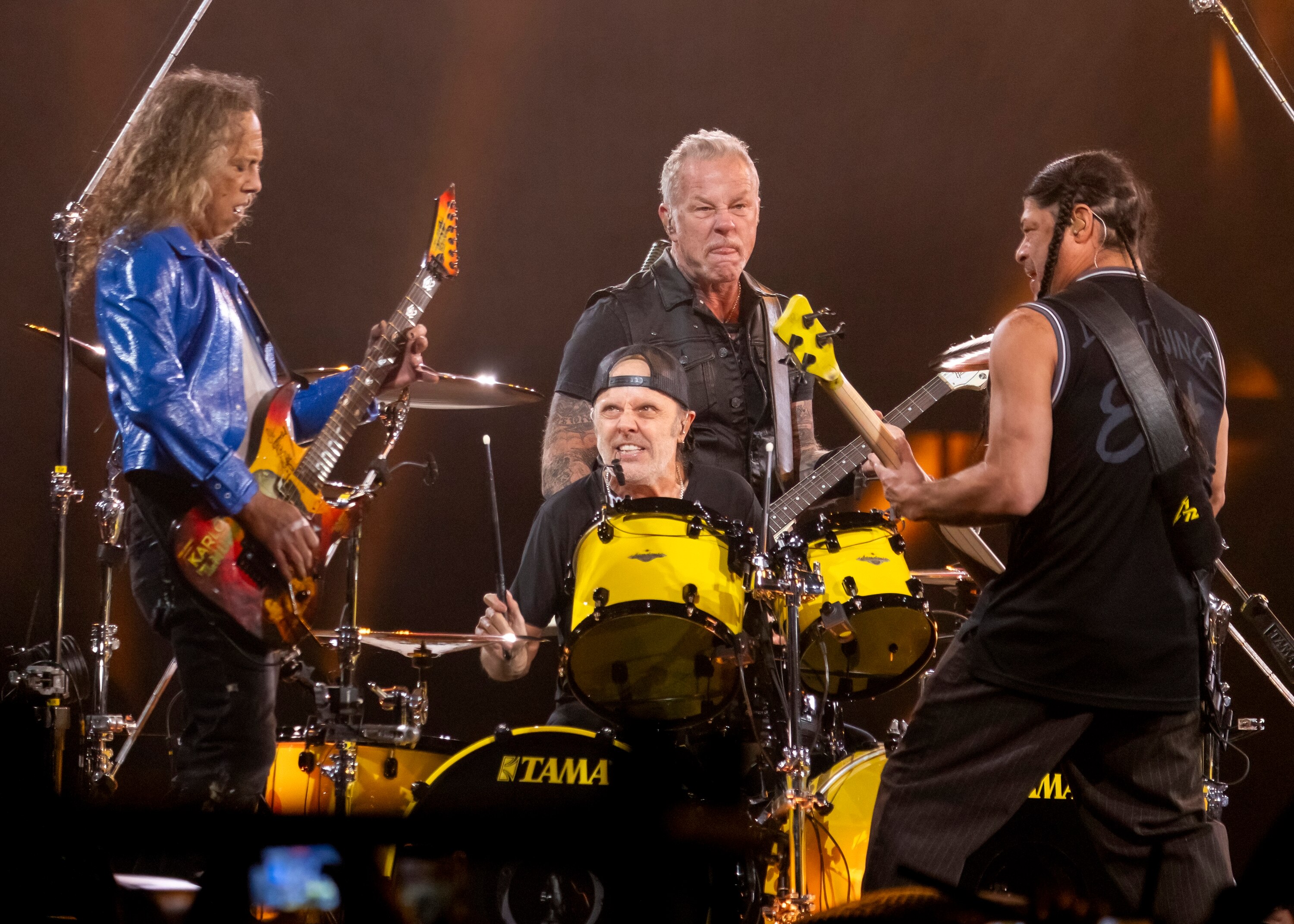 Metallica (L-R: Kirk Hammett, Lars Ulrich, James Hetfield, Robert Trujillo) performing live in Detroit on the M72 tour.