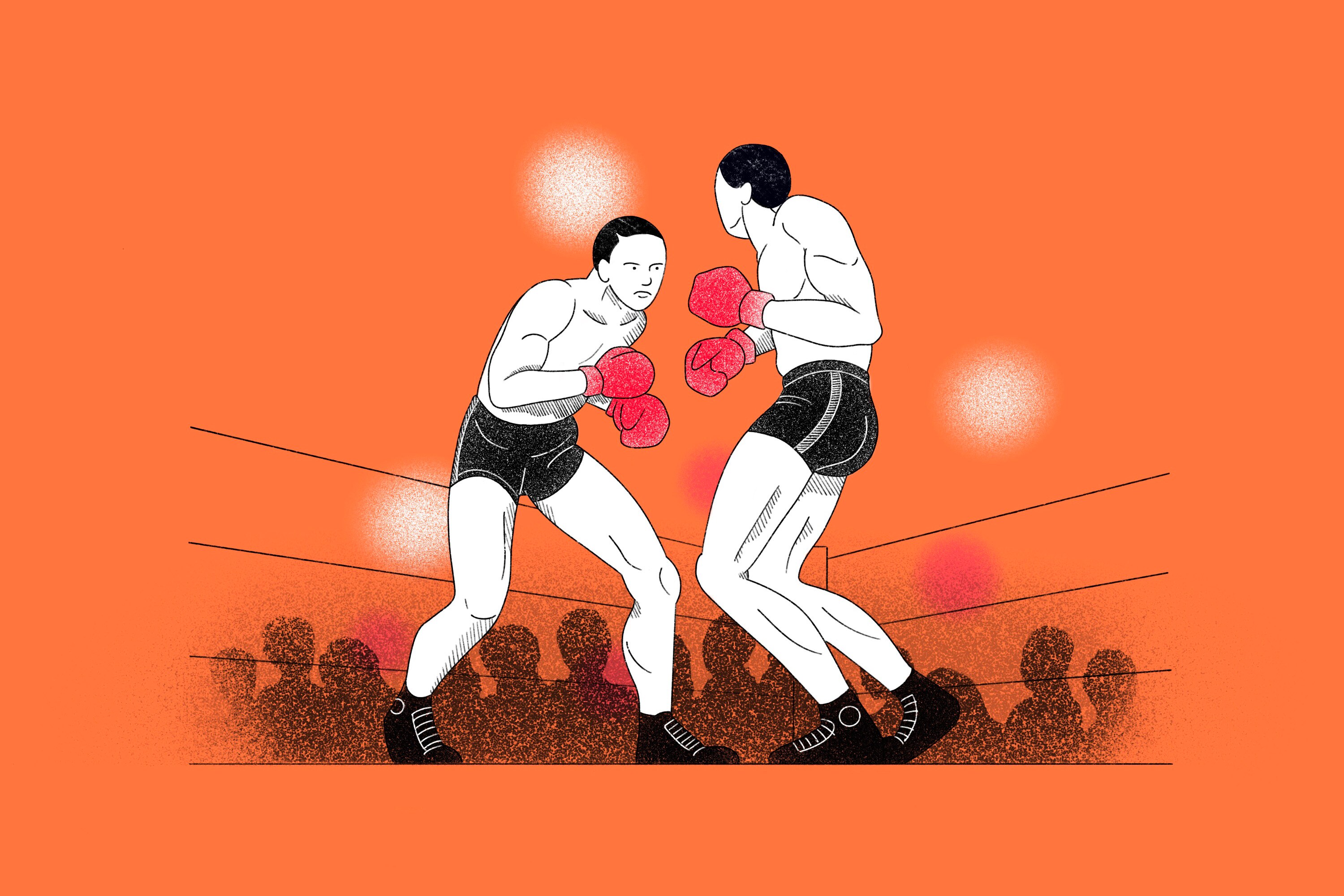 A vintage-style illustration of two boxers fighting in a ring, surrounded by a crowd