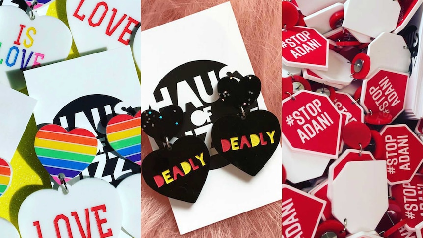 Composite image of a pile of "love is love" earrings, a pair of "deadly" earrings and a pile of "stop Adani" earrings.