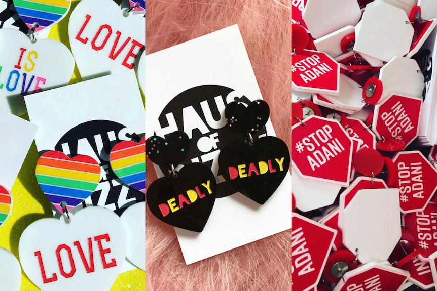 Composite image of a pile of "love is love" earrings, a pair of "deadly" earrings and a pile of "stop Adani" earrings.