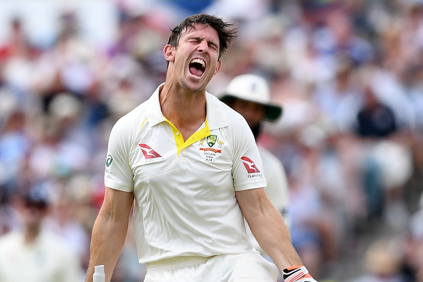 Mitch Marsh, in cricket uniform, roars after cutting Australia's first Test horn at WACA grounds