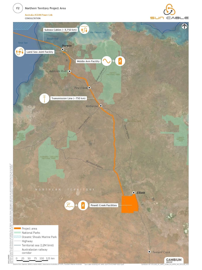 A photo of a map showing where the Sun Cable solar farm will be in the Northern Territory.