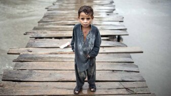 A Pakistani child walks on a wooden bridgeon the outskirts of Peshawar, August 7, 2010. (Behrouz Mehri)